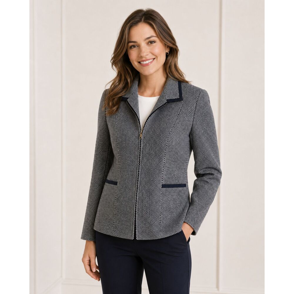 Talbots Womens 14 Italian Fabric Wool/Silk/Leather Tweed Zip Up Jacket Blazer